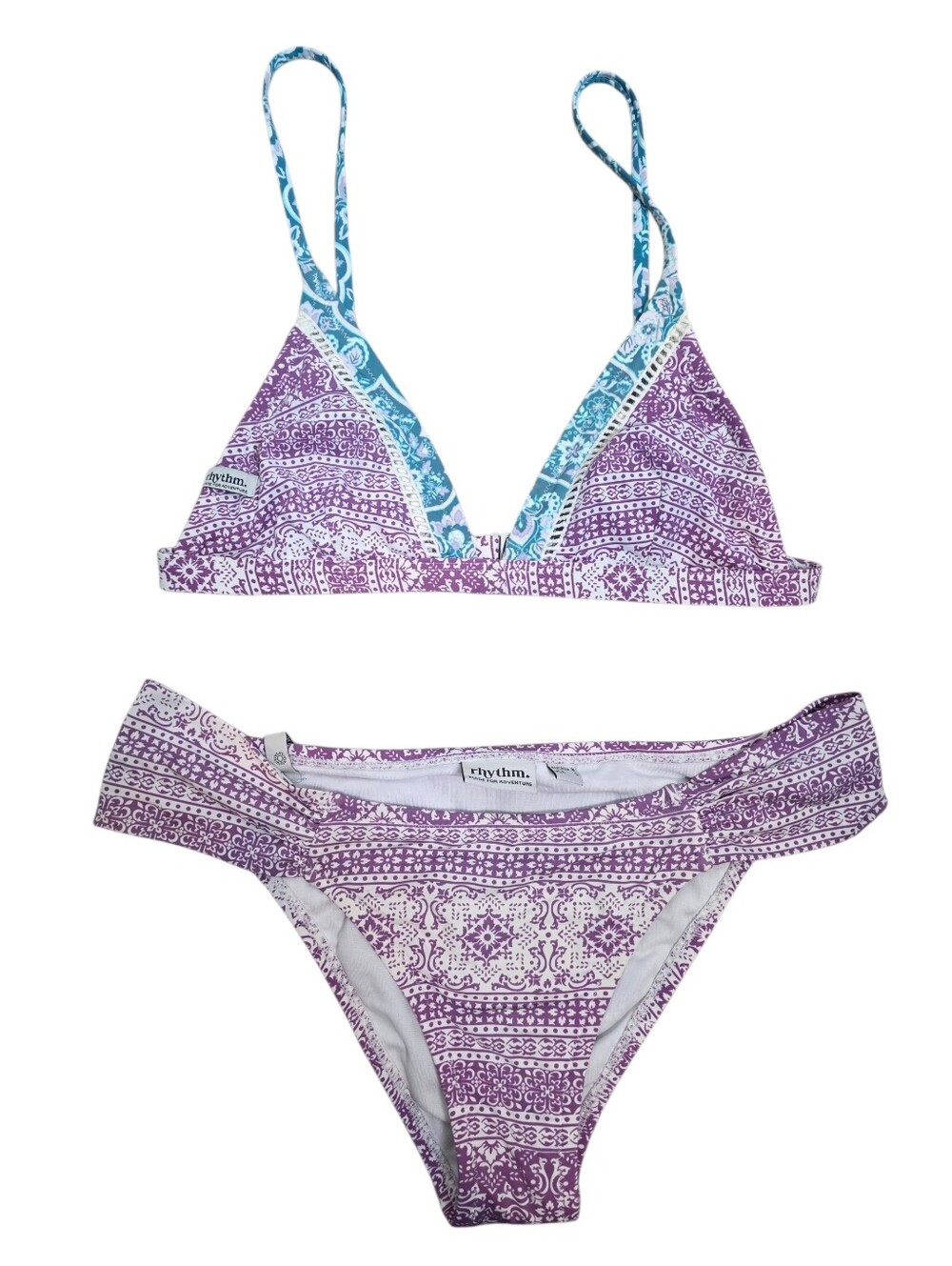 Rhythm. Womens Purple White 2 Piece Bikini Top Is XS Bottoms Are Small